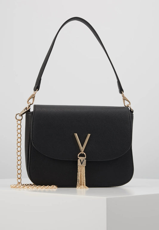 Valentino DIVINA Nero Handtas – Zwarte Schoudertas met Gouden V-Hanger