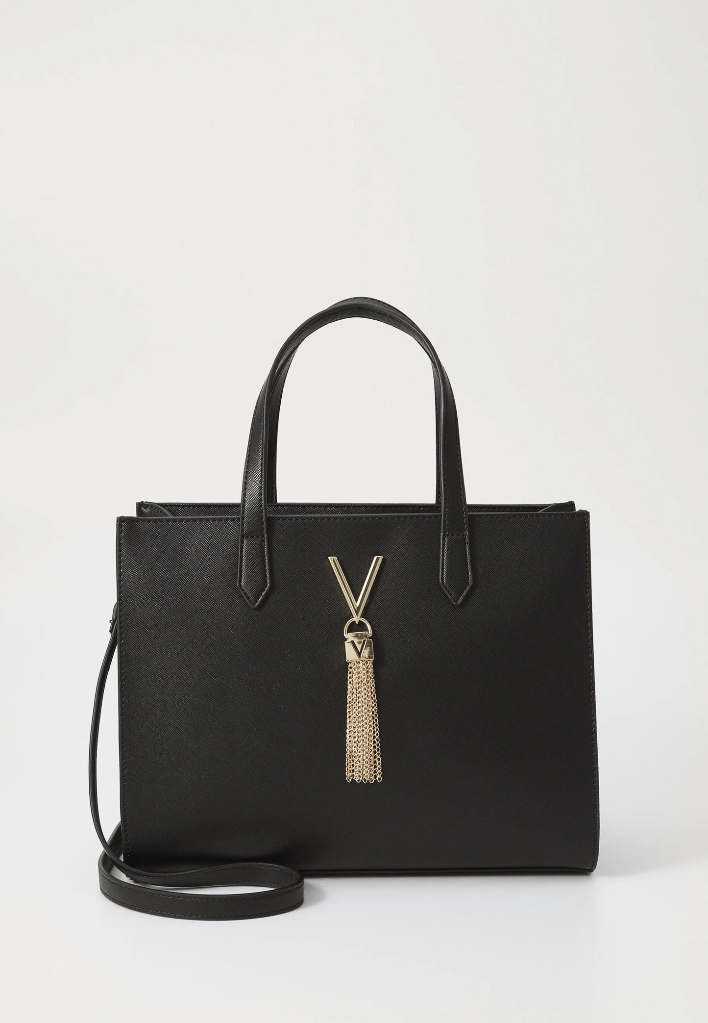 Valentino DIVINA Nero Tote Bag – Zwarte Handtas met Gouden V-Tassel