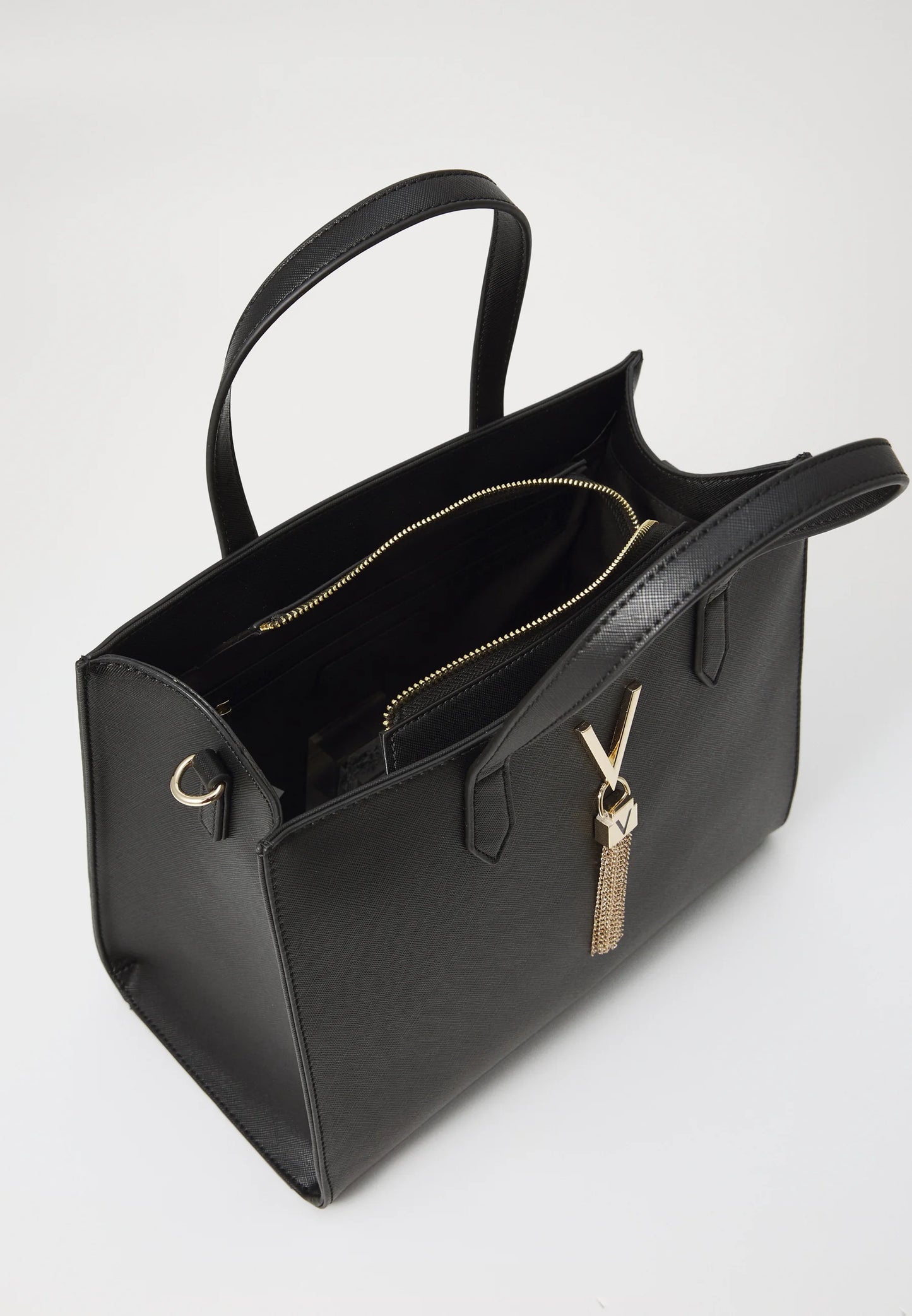 Valentino DIVINA Nero Tote Bag – Zwarte Handtas met Gouden V-Tassel