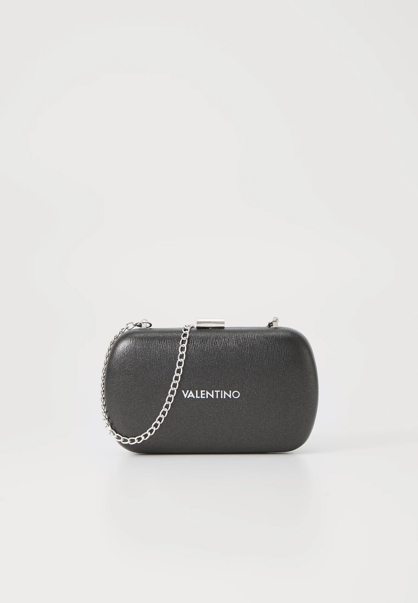 Valentino Aroma Nero Clutch – Zwarte Handtas met Zilveren Ketting & Metallic Details